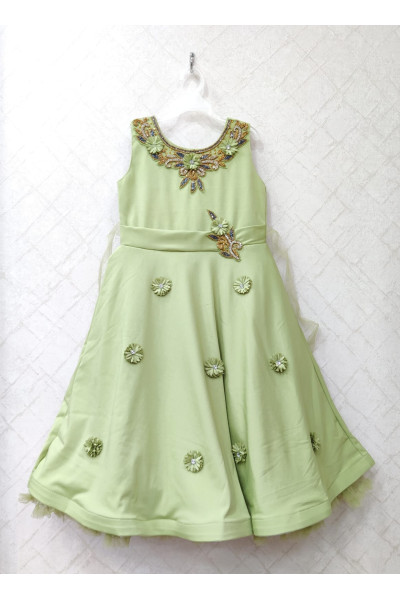 Pesta Green Silk Long Gown For Kids With Hand Work Design (RN5)